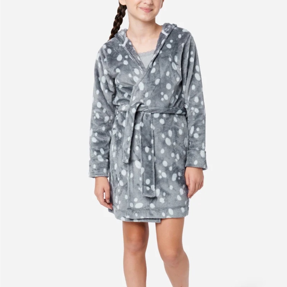 Justice Girls Gray Steel Long Sleeve Plush Hooded Robe - NWT